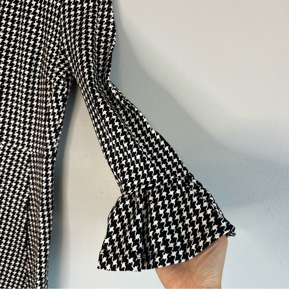 Kate Spade Houndstooth Ponte Midi Dress Bell Sleeve Black White Sz M Elegant - Picture 6 of 12